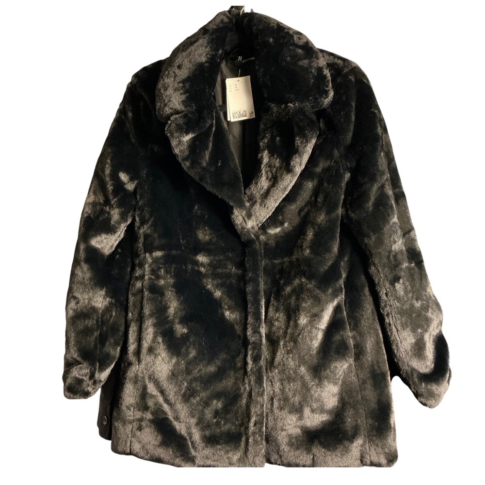 Divided H&M Faux Fur Coat Black Collar Button Front Women's XS